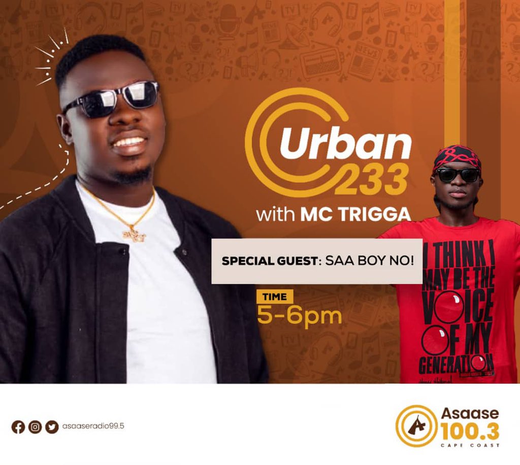 saaboynomusic's tweet photo. LIVE AND IN LIVING COLOR!
The SBN GENG connects with the Urban 233 boss MC TRIGGA for the first time on live radio! Tune in to Asaase 100.3 Cape Coast and enjoy the fun or stream live on Facebook too. Watch this space for the link😉
SBN GENG 4LYF 🤙
#benddownszn https://t.co/OfJ9tjClAT