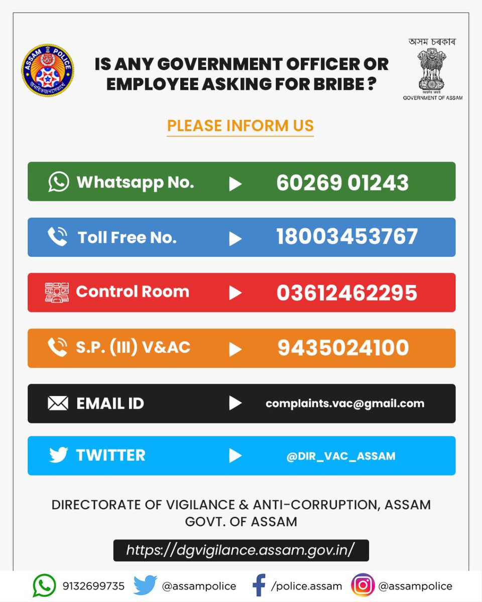 Assam Police (@assampolice) on Twitter photo 2022-08-06 12:30:34 Take Action. Report Corruption. If you see any Government official asking for a bribe, reach out to the following numbers issued by @DIR_VAC_ASSAM. @himantabiswa @CMOfficeAssam @DGPAssamPolice @gpsinghips Take Action. Report Corruption. If you see any Government official asking for a bribe, reach out to the following numbers issued by @DIR_VAC_ASSAM. @himantabiswa @CMOfficeAssam @DGPAssamPolice @gpsinghips