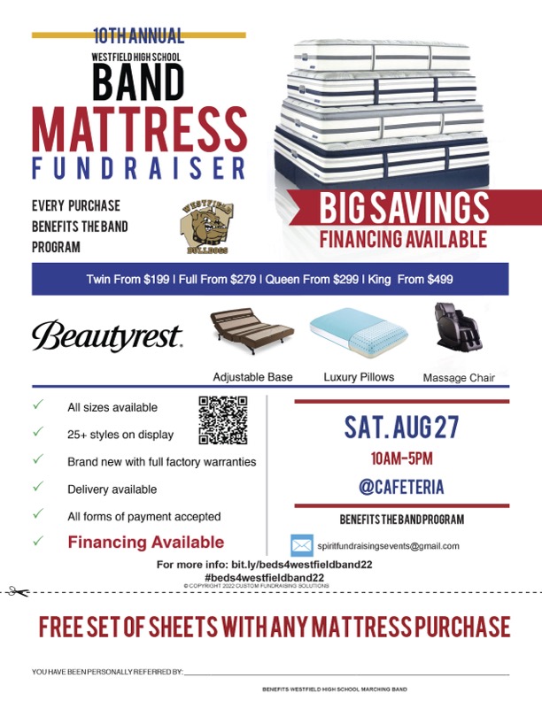 jmtiss's tweet photo. Could you use a new mattress? Is it time to replace that tired old pillow? This is your chance-You can meet your needs AND support Westfield High Marching Band fundraising efforts perform in the Pearl Harbor parade this year!! See attached flyer for details. Please spread word! https://t.co/4j0cgQg7s2