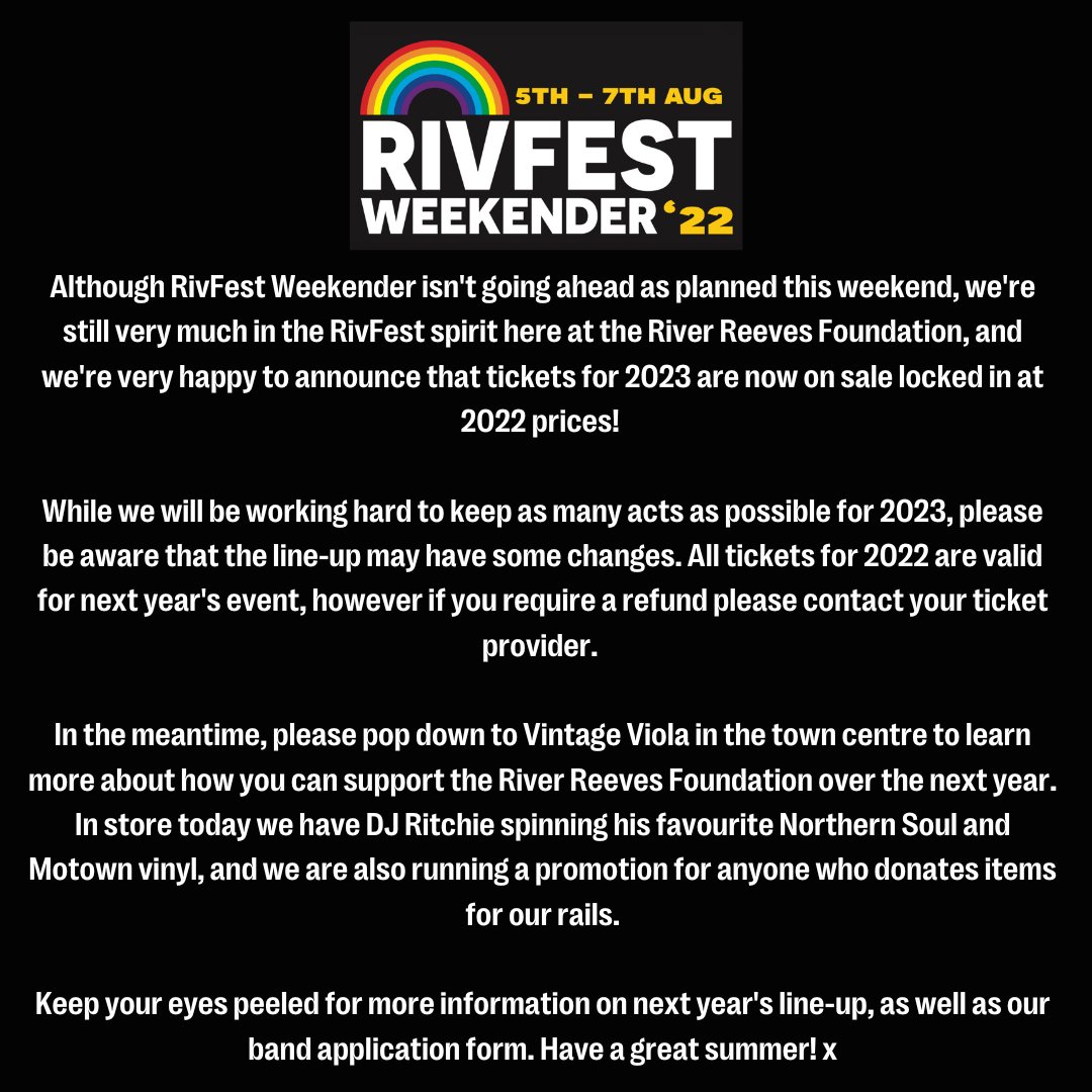 RivFest Weekender (@rivfestofficial) on Twitter photo We're very happy to announce that tickets for RivFest Weekender 2023 are now on sale locked in at 2022 prices! Grab your tickets here: seetickets.com/event/rivfest-…
<a href="/RRFoundation__/">River Reeves Foundation Remembered</a> <a href="/Vintage_ViolaB/">@VintageViola</a> <a href="/GoldenSquareUK/">Golden Square</a> We're very happy to announce that tickets for RivFest Weekender 2023 are now on sale locked in at 2022 prices! Grab your tickets here: seetickets.com/event/rivfest-…
<a href="/RRFoundation__/">River Reeves Foundation Remembered</a> <a href="/Vintage_ViolaB/">@VintageViola</a> <a href="/GoldenSquareUK/">Golden Square</a>