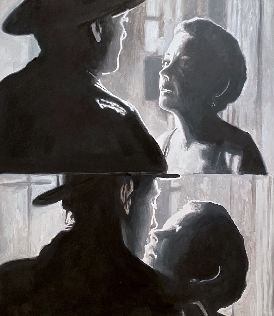 Got out my black and white acrylic paints to celebrate the great Robert Mitchum on his birthday. Here with Jane Greer, in one of my all-time favorite film noir melodramas "Out of the Past." #FilmNoir #acrylicpainting #RobertMitchum #movies #blackandwhite