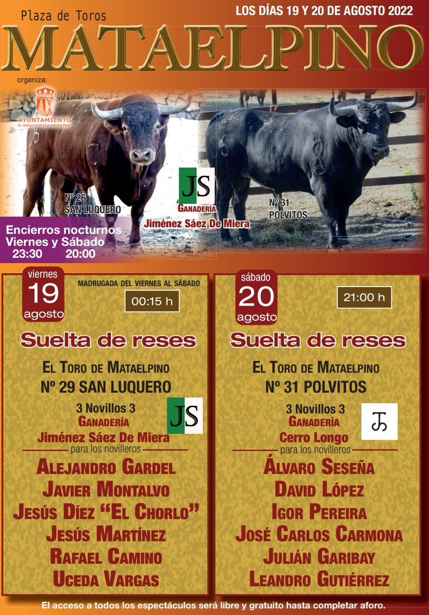 🚩Se confirma una nueva fecha para Alejandro Gardel este verano.

🗓️ 19 Agosto 2022
🏟️ Mataelpino (Madrid)
🐂 Jiménez Sáez de Miera