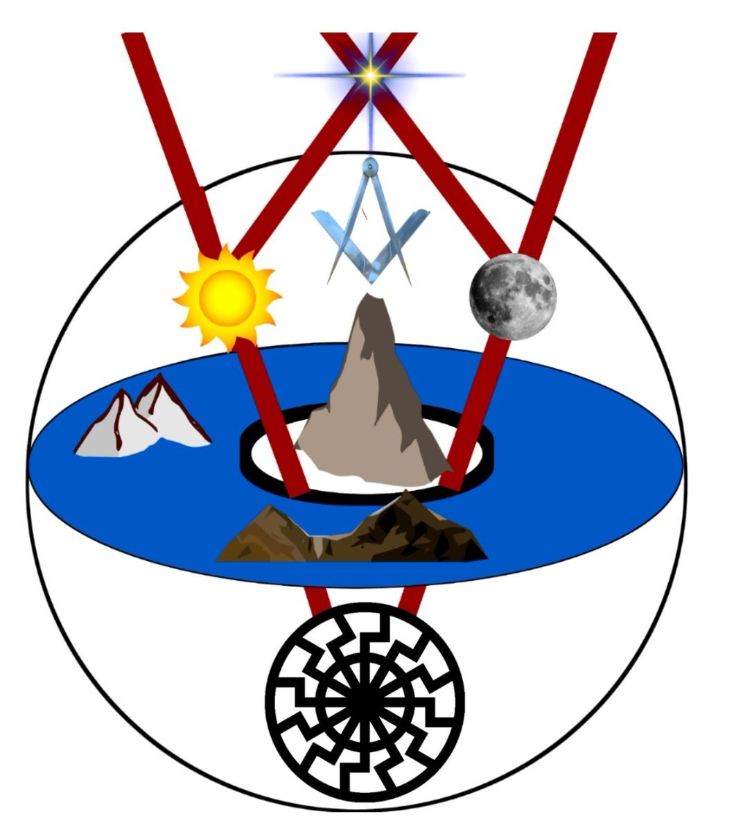 Org_Muda's tweet image. Freemason logo comes from the shape of Earth, which is not globe nor flat but in Hollow the shape of a donut. The black Sun (Iblis/Azazel) from middle earth create plasma Sun &amp;amp; moon