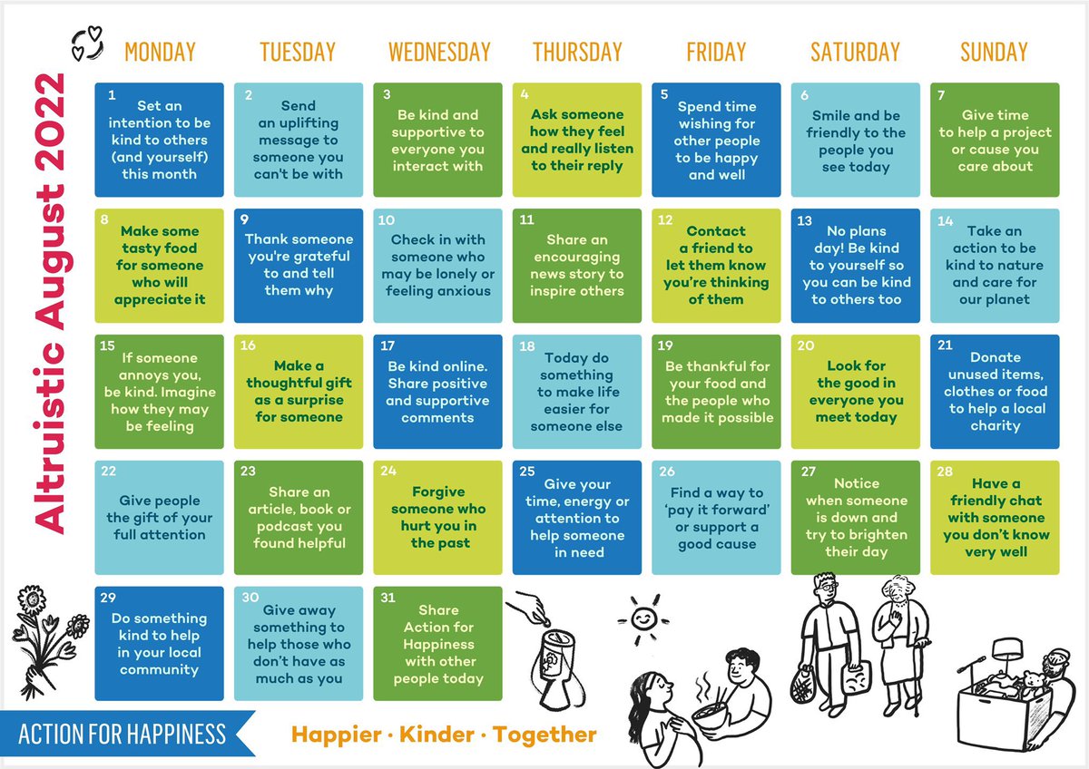 AloericSchool's tweet photo. Ideas for August from @actionhappiness - remember to smile  today 😃 https://t.co/ngRAeBJnRF