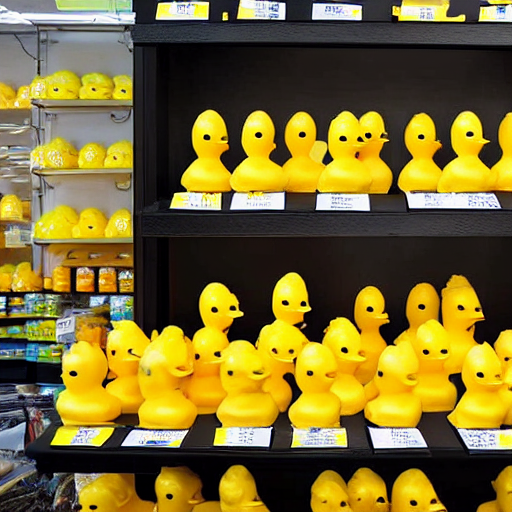 Trying out one of my test prompts on #stablediffusion: 'a store that only sells novelty yellow rubber ducks' They're cursed but I love them.