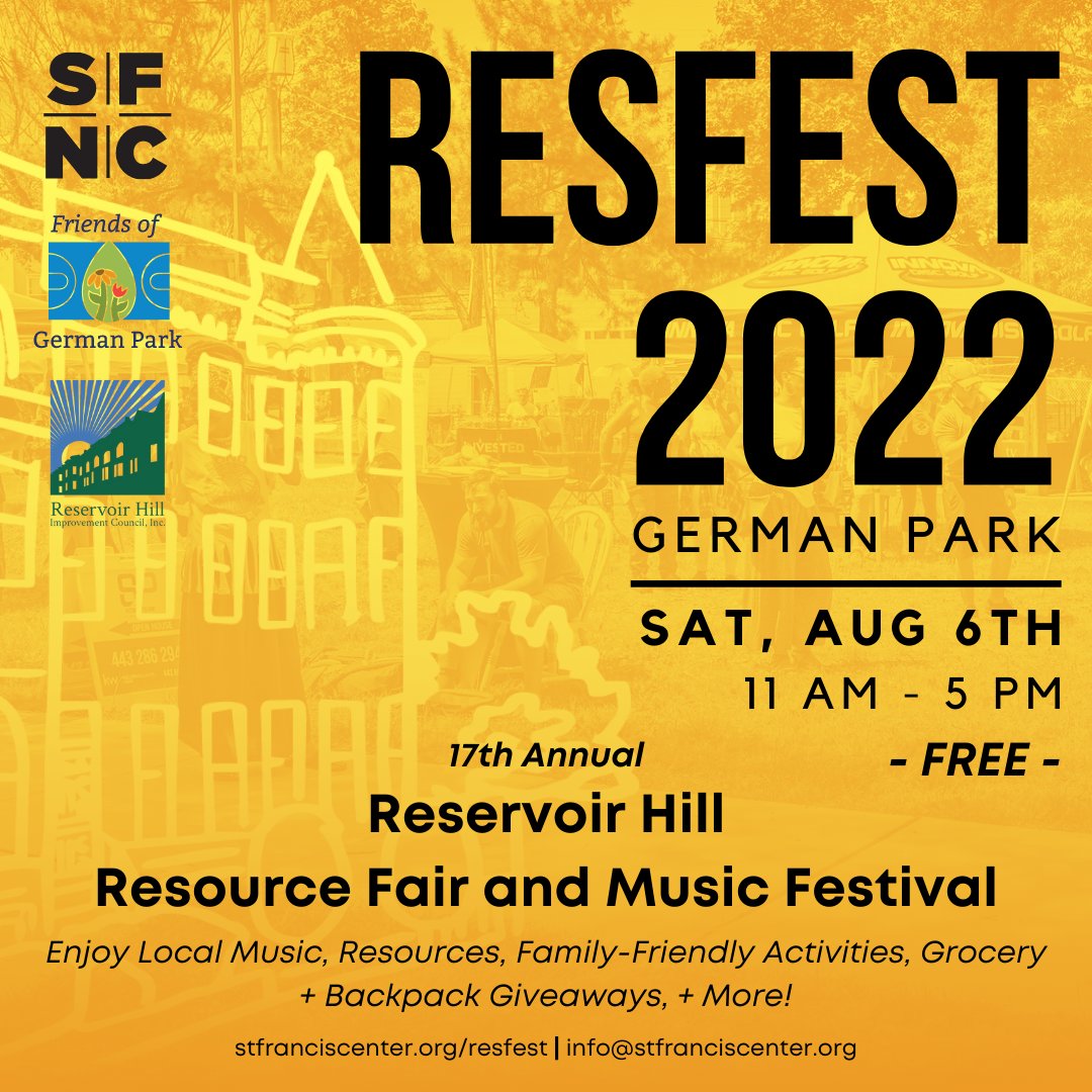 StFrancisBmore's tweet photo. TODAY IS THE DAY! Come by German Park at 11 AM to learn about resources in the area, grab free school supplies & sports equipment, & stock up on groceries while enjoying live music as well as a selection of local food & beverages!
Be sure to tag us in your #ResFest pics! ๐ธ https://t.co/65mWPfsG7O