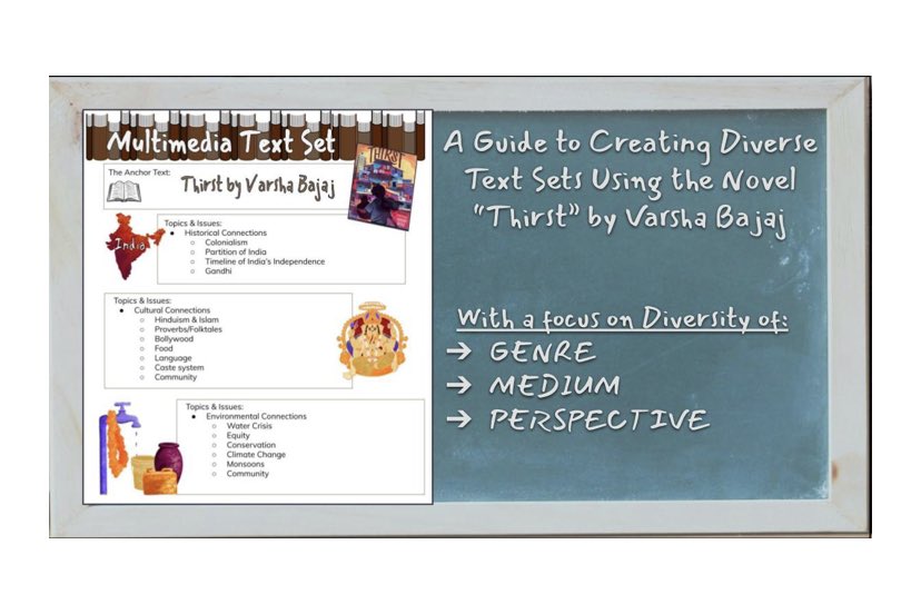 NatWhitehouse10's tweet photo. Consider Diverse Multimedia Paired texts rather than Text-Sets (class sets)
Here’s A Guide to Creating Diverse Text Sets Using the Novel “Thirst” by Varsha Bajaj - THE BOOK SOMMELIER https://t.co/MeVFmACxIH @etfoaq #ReadingPt2 #ReadingPt1 https://t.co/HFyzSVcwBC