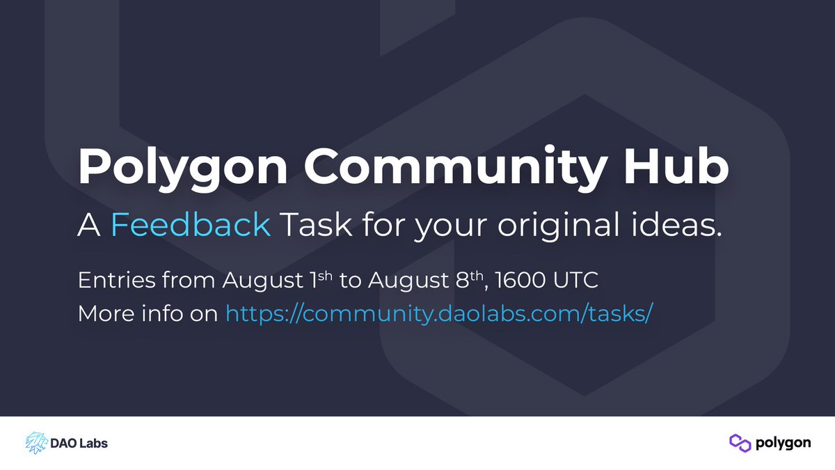 Chirimibee's tweet photo. Only few days left👀 What are you waiting for?! Join us now and it's your time to shine! Share your own thoughts, suggestions, or any idea you can think of, that possible could help for the opening of the Polygon Hub soon🔥 Here @TheDAOLabs 💁

Global Tg: https://t.co/rXGCVd0T4J https://t.co/3S5OYNLJRm