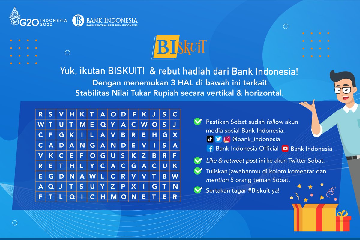 bank_indonesia's tweet photo. SAATNYA DAPETIN HADIAH🎁 DARI BI!🔥

#SobatRupiah, yuk ikutan #BIskuit dgn menemukan 3 hal terkait stabilitas nilai Rupiah. Ketiga hal ini sering disebut dlm hasil Rapat Dewan Gubernur (RDG) BI lho, jd buat kamu yg selalu ikutin hasil RDG pst tau jawabannya.😁

Yuk buruan ikut! https://t.co/fTd0aaJgUA