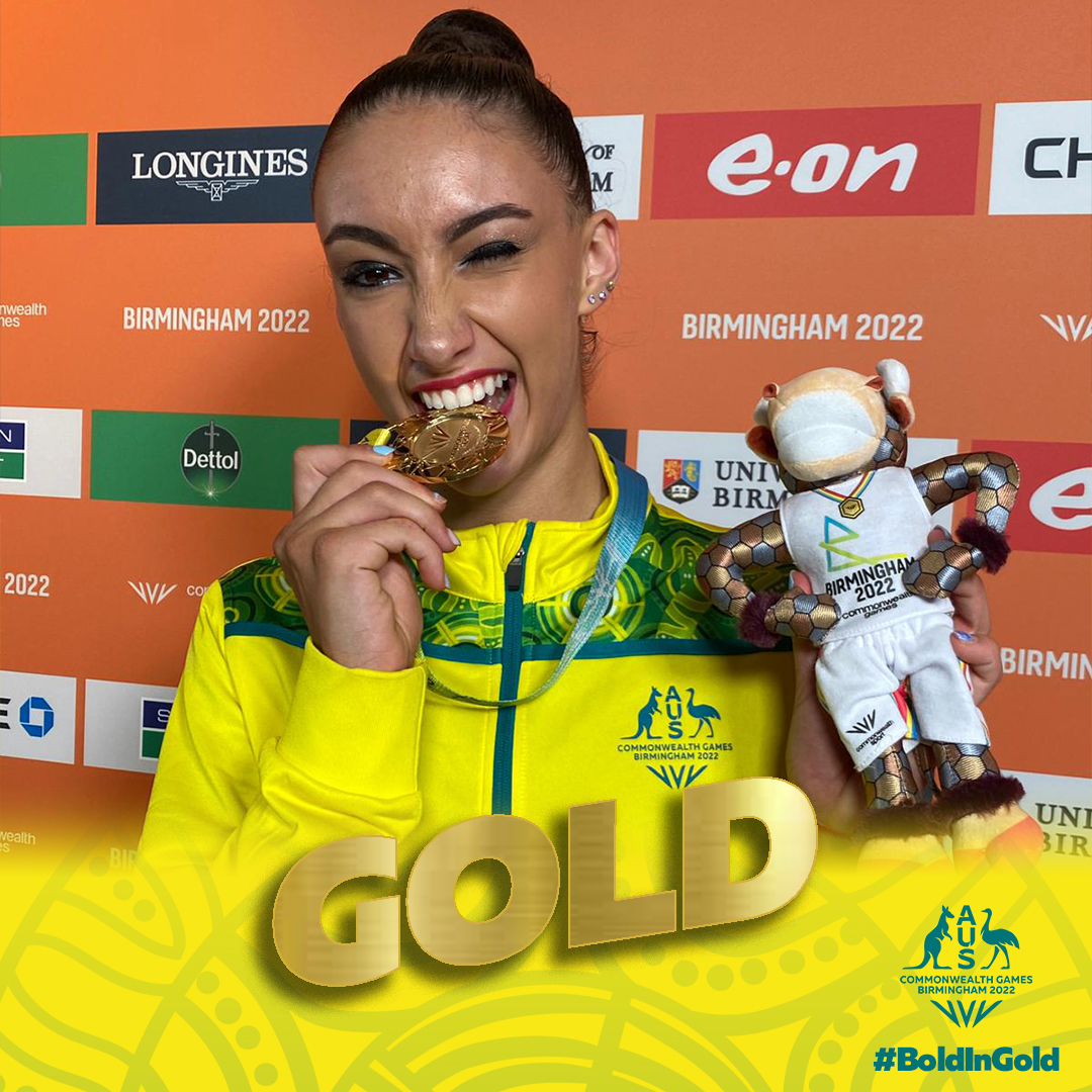CommGamesAUS's tweet photo. What a performance from @GymAustralia star Alexandra Kiroi-Bogatyreva to win her first career Commonwealth Games gold medal?! Alex completes a set of medals at @birminghamcg22 and has more events to come!! #BoldInGold https://t.co/RTJrvtye29