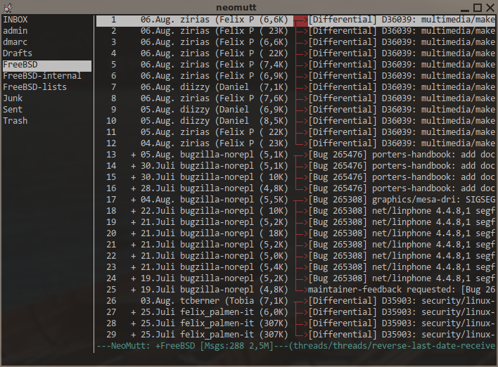 8bitsound's tweet photo. Achievement of the day: config changes for #exim, #dovecot, #neomutt plus a few #sieve rules to get:

* full integration with correct relaying for #FreeBSD mail address
* automatic sorting on arrival
* auto-expunge after 2 months for internal and public lists

Feels nice 😎 https://t.co/Te7QY0d4Ky