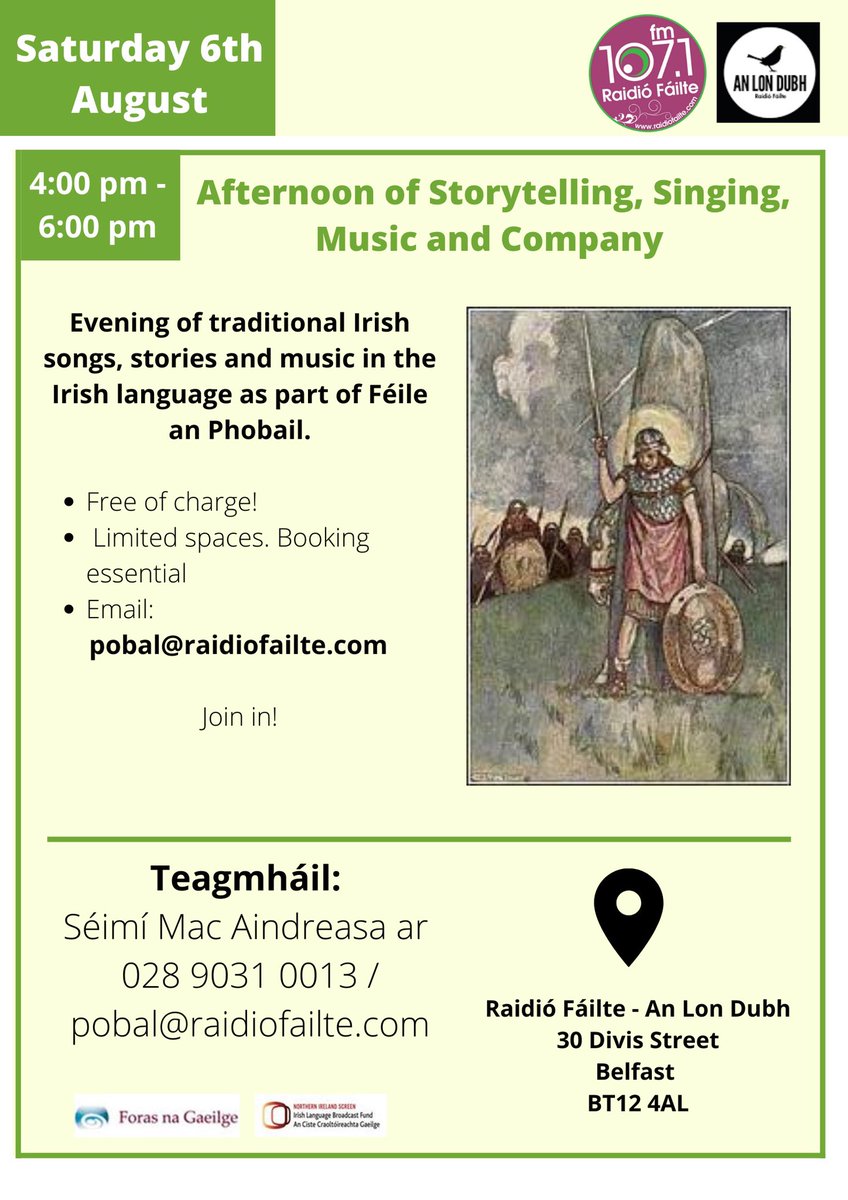 Raidió Fáilte (@raidiofailte) on Twitter photo Tráthnóna Airneáil 4-6pm
Afternoon of storytelling, music and song
30 Sráid Dhubhaise / Divis Street
BT12 4AL
@EGhallchobh mar scéalaí don ócáid, <a href="/edelnic/">Edel Ní Churraoin</a> , Neil Ó Briain agus Caitríona Ní Ghribín a chuirfidh an ceol agus an amhránaíocht ar fáil dúinn.
Fáilte roimh chách Tráthnóna Airneáil 4-6pm
Afternoon of storytelling, music and song
30 Sráid Dhubhaise / Divis Street
BT12 4AL
@EGhallchobh mar scéalaí don ócáid, <a href="/edelnic/">Edel Ní Churraoin</a> , Neil Ó Briain agus Caitríona Ní Ghribín a chuirfidh an ceol agus an amhránaíocht ar fáil dúinn.
Fáilte roimh chách