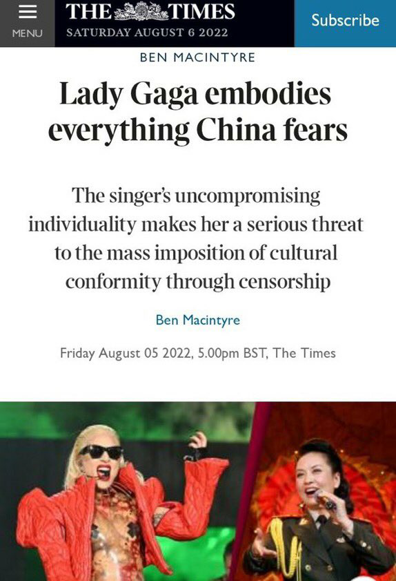 4HasBeyn's tweet photo. Lady Gaga being banned from China &amp; Taylor Swift "allegedly" being popular there makes total sense.
One embodies the message of freedom,selfexpression &amp; noncomformism, the other is a basic white girl with no message,whose existence is non-threatening towards the communist system! https://t.co/D8dsjMfU22