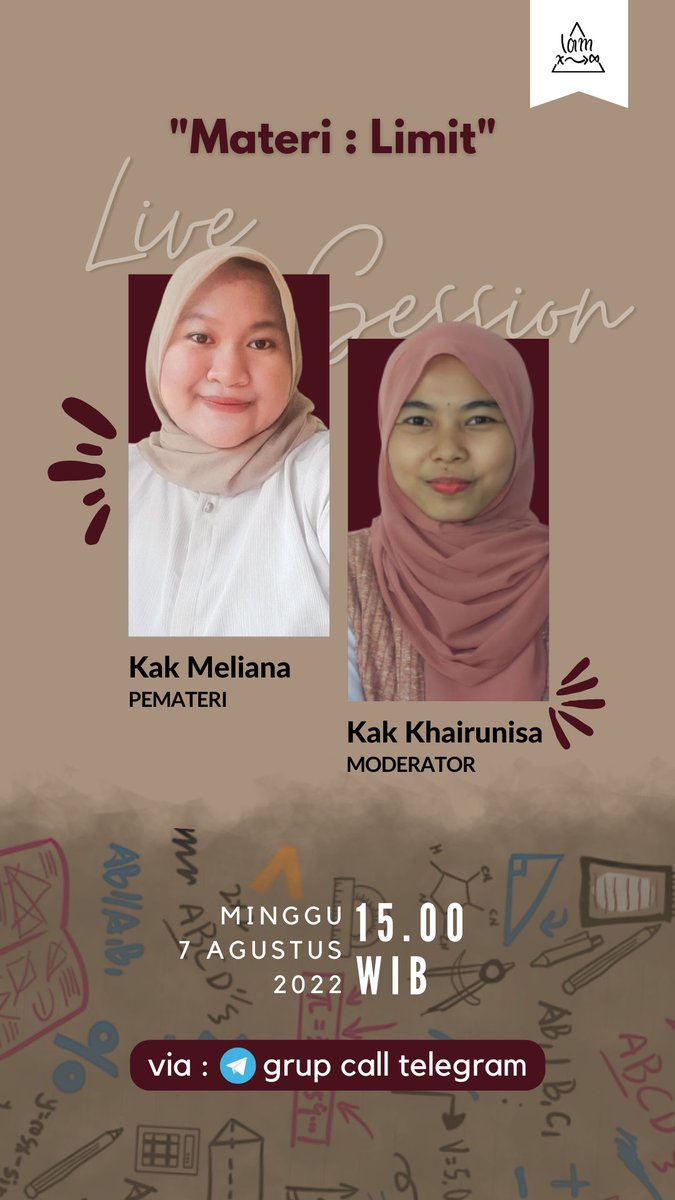 latmtk's tweet photo. Holaaa Soulmath!
Minmath balik lagi nih dengan info yang sangat sangatt menarikk bgt!! Kali ini Latmtk akan membuka live session dengan materi limit🥰 

Besok banget nih acaranya guys! Jangan lupa join yaa, semoga harinya menyenangkan!🤩

#studyrwt #ambistwt #math #utbk #sbmptn https://t.co/uHWjWN0fq7