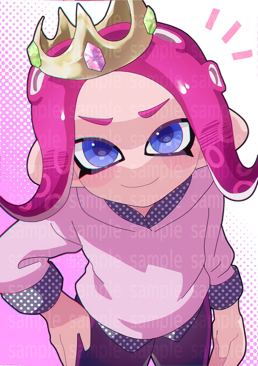 octoling ,octoling girl 1girl solo tentacle hair blue eyes smile looking at viewer pink hair  illustration images