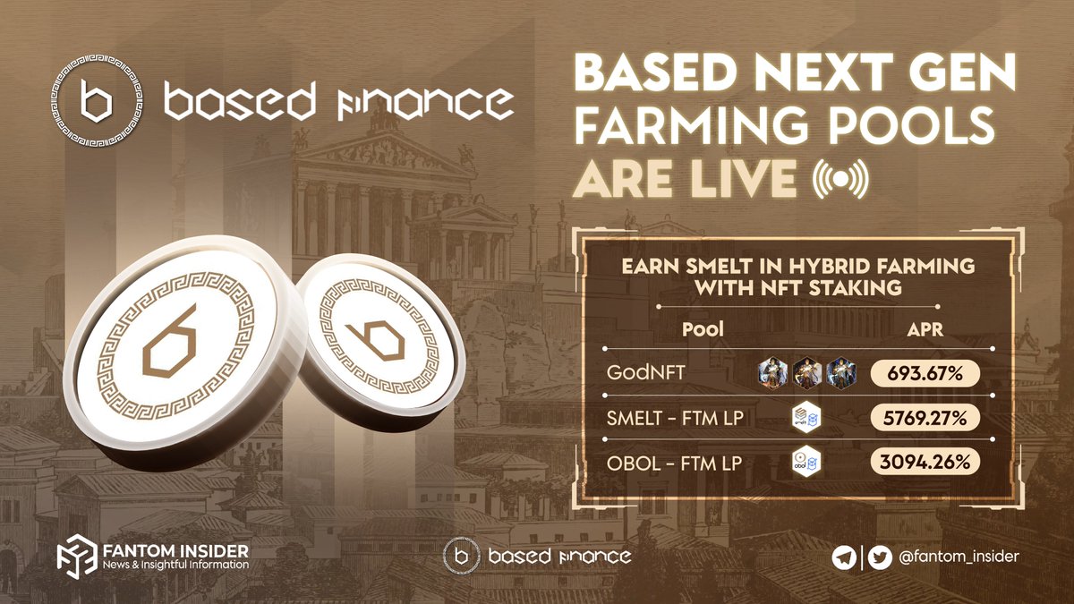 🎉 BASED NEXT GEN FARMING POOLS LIVE🎉

We are thrilled to announce that the farming pools for V2 of @BasedFinance_io are officially live with juicy APRs 💹
 
Let's join it and earn yields! 
👉 next-gen.basedfinance.io/genesis

#Fantom #BASED #SMELT #OBOL