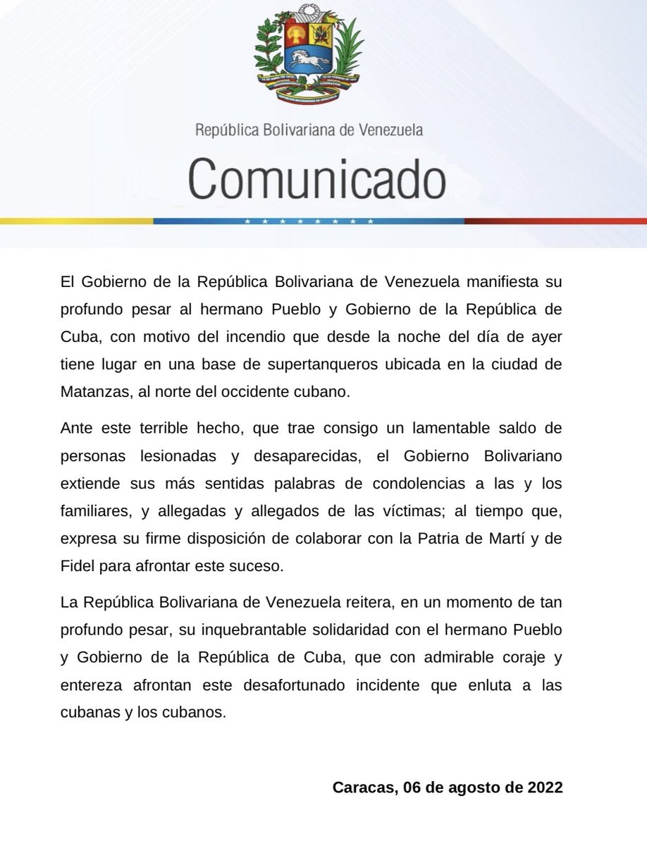 Toda nuestra solidaridad con el gobierno y el pueblo de Cuba, por la tragedia ocurrida en la base de supertanqueros de Matanzas. Hacemos llegar nuestro afecto, cariño y condolencias a los familiares de los fallecidos y heridos en tan lamentable hecho. #FuerzaMatanza