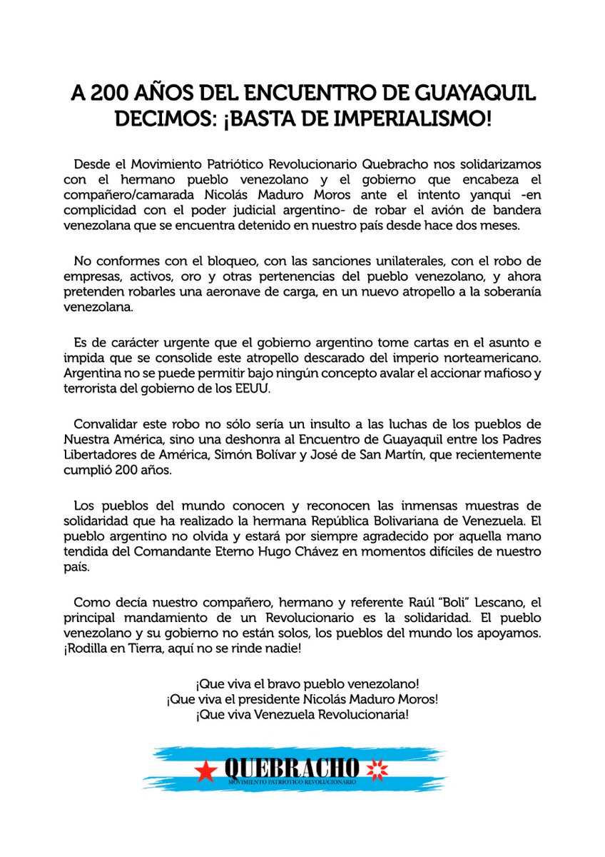 MPR_Quebracho's tweet photo. Comunicado del MPR Quebracho ante el descarado intento de robo yanqui del avión de bandera venezolana.
¡Rodilla en tierra! ¡Aquí no se rinde nadie!
¡Viva Venezuela Revolucionaria! https://t.co/jRiN9JoY8H