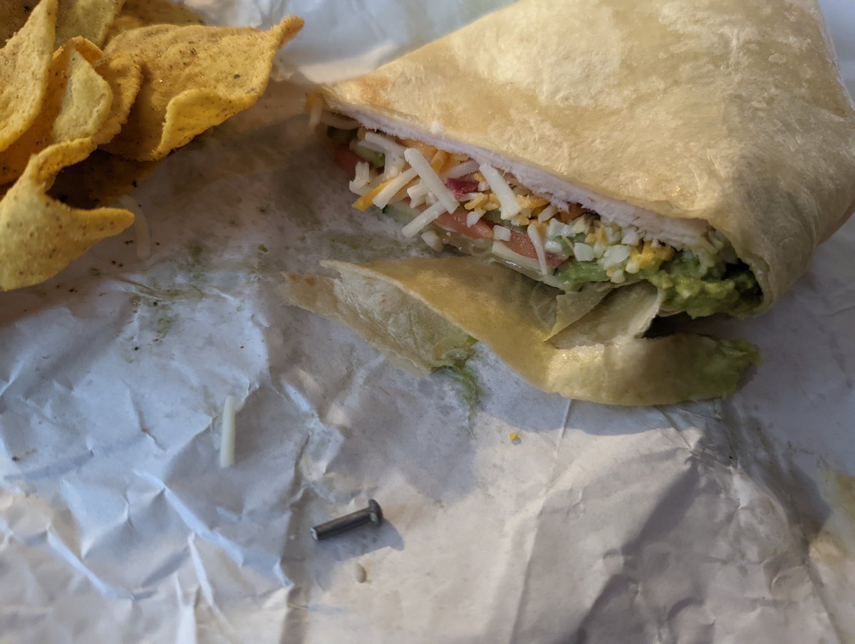 shibbledidee's tweet photo. I found this plastic nail in my @SUBWAY wrap. I almost choked. I called the store where I got it and the girl that answered the phone laughed at me. Called the store manager and he is out until Monday. Called the corporate office and they are closed until Monday. https://t.co/dKwo3umGz4