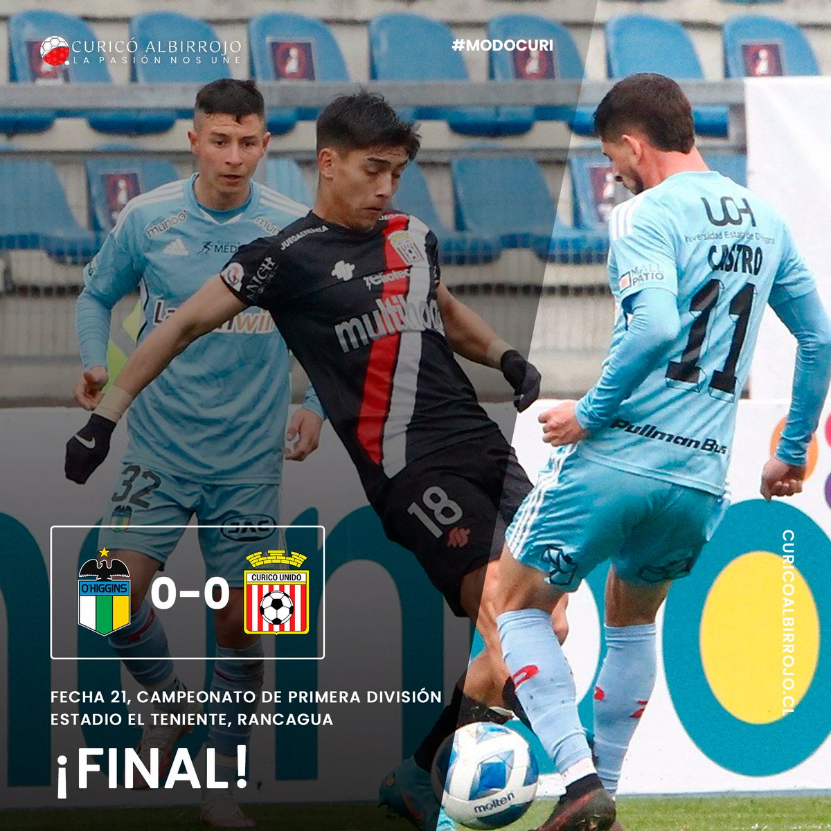 CuricoAlbirrojo's tweet photo. #ModoCuri ¡FINAL! 0-0
➡️ Curicó Unido vuelve a sumar, pero sin goles a favor en su segundo partido consecutivo.
🔜 Lo que viene: Universidad de Chile, como local.
¿Qué te pareció el duelo del equipo de Damián? https://t.co/xtFpKKYqL1