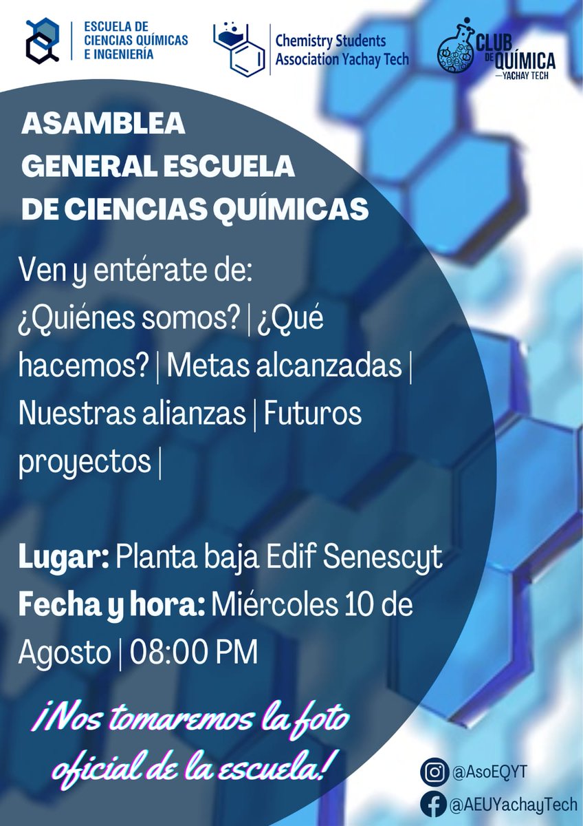¿Estás listo para conocer toda la información relacionada a la Escuela de Ciencias Químicas e Ingeniería?

 ¡Ven y acompañanos! ❤️🚨 

Fecha: Miércoles 10 de agosto 
Lugar:  Planta Baja Edificio del Sennecyt
Hora: 8:00pm

¡No faltes!💙
Nos tomaremos la foto oficial de la escuela