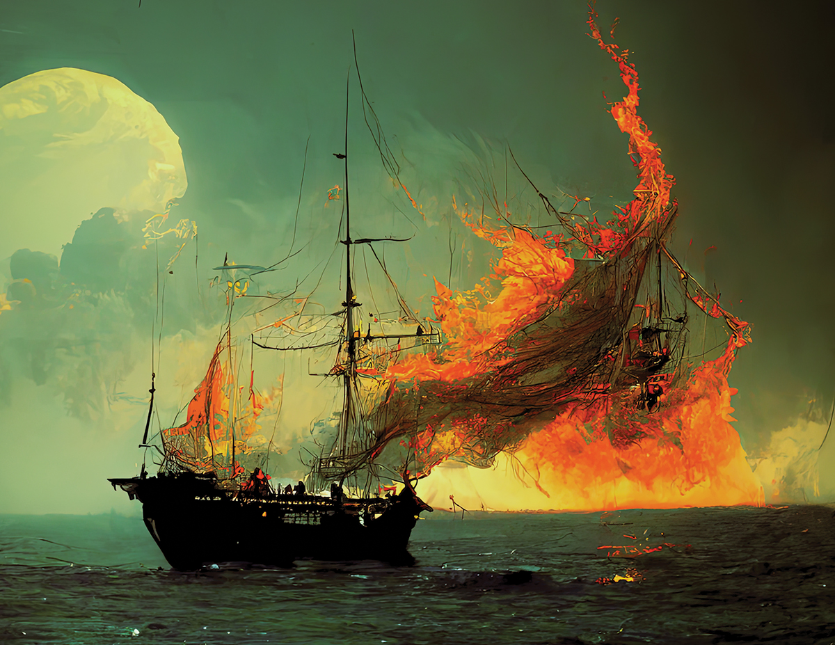 samwellsart's tweet photo. Ok, so I joined in and tried Midjourney. I like it, it has potential. This is my first try. Still keeping with a pirate theme. I'm interested in what you think of it and AI art in general. :)
#pirateship #fire #oceanfire #burningship #ocean #pirates #moon #aiart #midjourney #art https://t.co/dqWQ7SG3t4