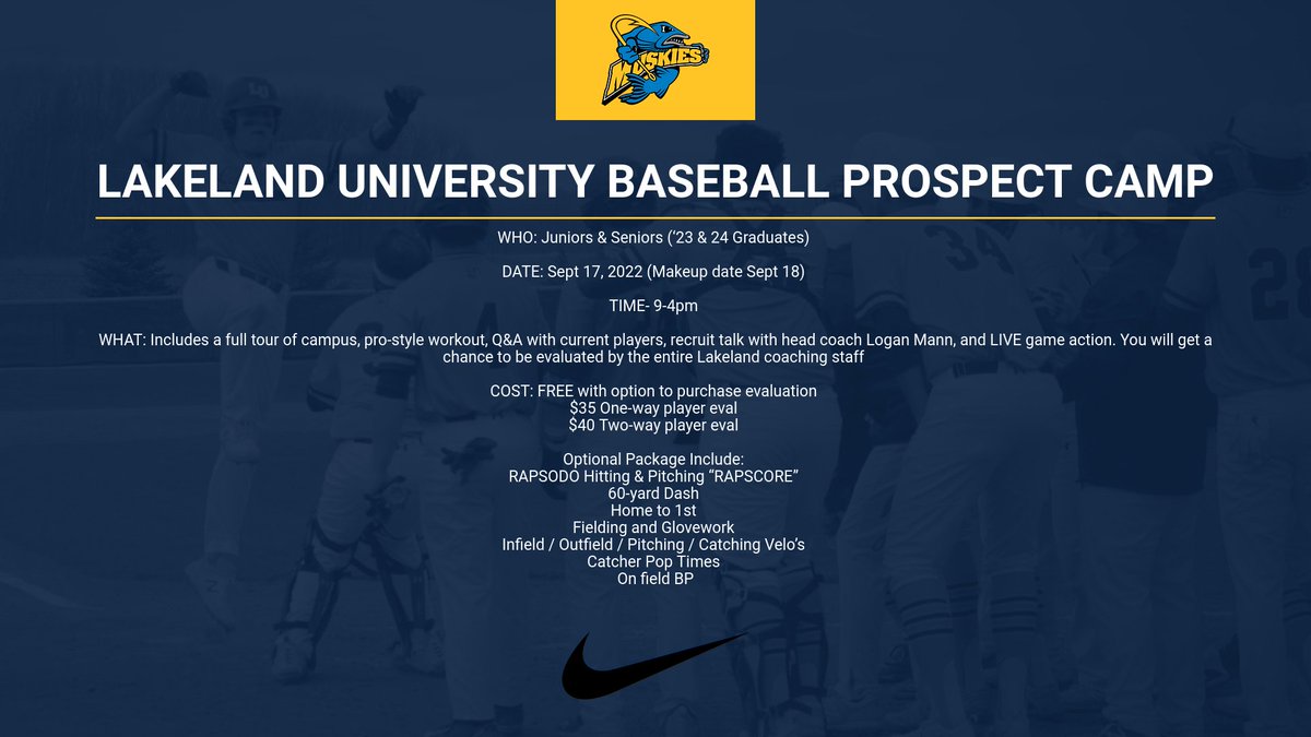 Lakeland University Baseball (@muskiesbsb) on Twitter photo REGISTER HERE: connect.lakeland.edu/register/baseb…
For more information, please DM <a href="/TheChrisMadison/">Chris Madison</a> or email MadisonCA@Lakeland.edu and/or MannRL@lakeland.edu REGISTER HERE: connect.lakeland.edu/register/baseb…
For more information, please DM <a href="/TheChrisMadison/">Chris Madison</a> or email MadisonCA@Lakeland.edu and/or MannRL@lakeland.edu