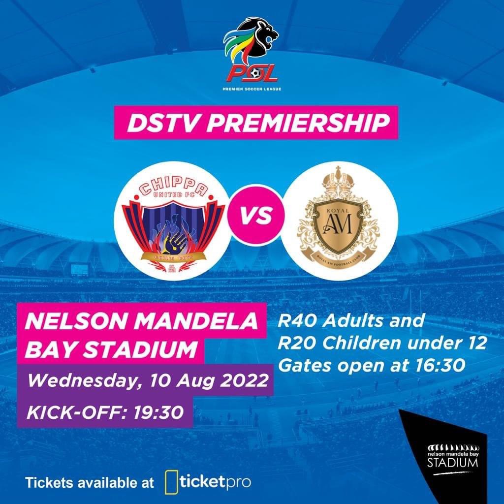 Do not miss out on the live action between Chippa United &amp; Royal AM on Wednesday 10 August.  

🔊Covid regulations have been lifted. No certificate or test required to enter 

#ourstadium