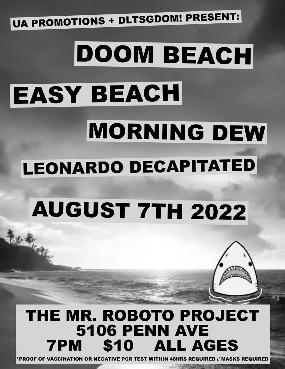 dltsgdomshows's tweet photo. TOMORROW: Doom Beach + @easybeachmi w/ @morningdewemo + Leonardo Decapitated at @RobotoProject!!

TICKETS: https://t.co/wT8w1hdRMV

FB EVENT: https://t.co/hkAGBHZuKj

Proof of vax or negative pcr test within 48hrs required. Masks required https://t.co/KJh6wpsJUI