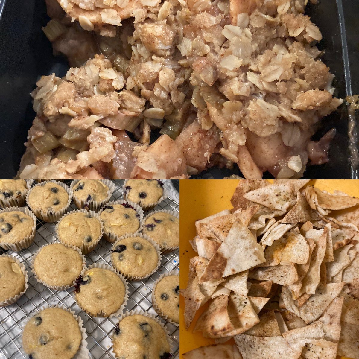 And apple crisp , peach blueberry oat whole wheat muffins, homemade pita chips with various spices on them #bakinglife