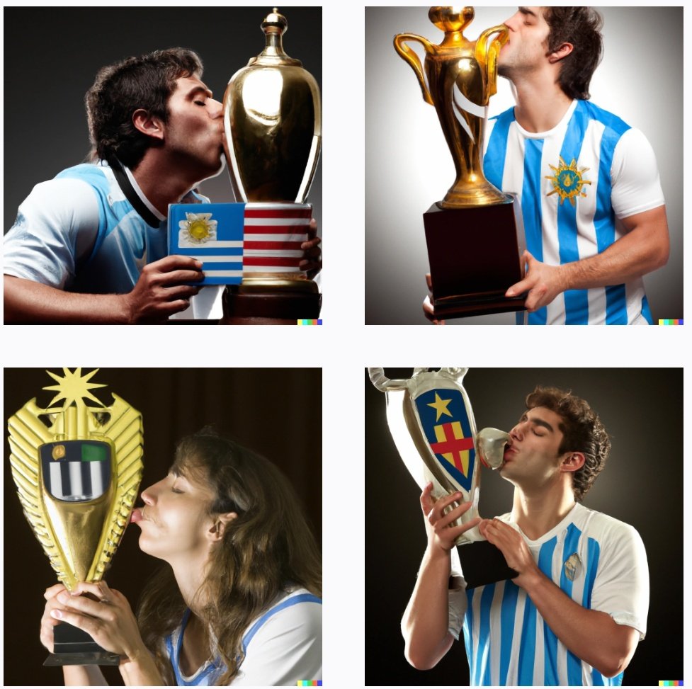 CoteloHector's tweet photo. Estoy como loco con los modelos text 2 image y más con ver a 🇺🇾 campeón del mundo. Cuál les parece mejor? #Dalle2, #Craiyon o #Midjourney? Para mi las imágenes de Craiyon son peores pero captura mejor la esencia de "Uruguayan soccer player kissing fifa world cup trophy" https://t.co/zy2eKDnksJ