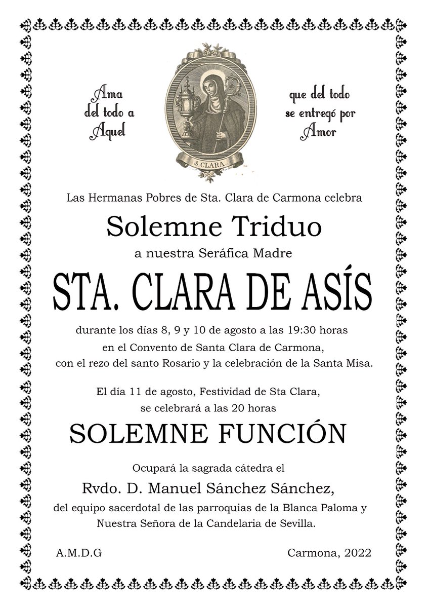 🛐 PRO ORANTIBUS | Solemne Triduo en honor a Santa Clara

📅 8, 9, 10 y de agosto
🕚 19:30 hrs.

📅 11 de agosto
🕚 20:00 hrs.

⛪Convento de Santa Clara

Más información:
➡️ facebook.com/16375810376539…