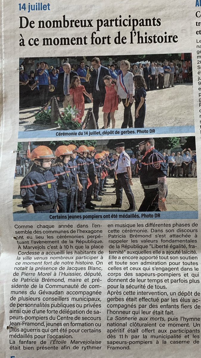 Les JSP de Marvejols a l’honneur sur @lozerenouvelle , pour l’article de la cérémonie du 14 juillet de <a href="/VilleMarvejols/">Ville de Marvejols</a>