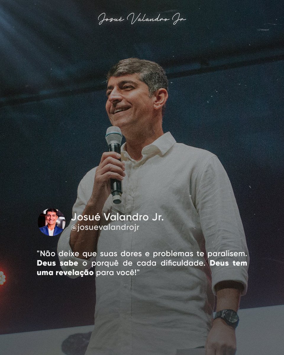 josuevalandrojr's tweet photo. Não deixe que suas dores e problemas te paralisem! Deus sabe o porquê de cada dificuldade. Deus tem uma revelação para você!
#josuevalandrojr #riodejaneiro #errejota #ibatitude #devocional #sabado https://t.co/eZuNQafkSb