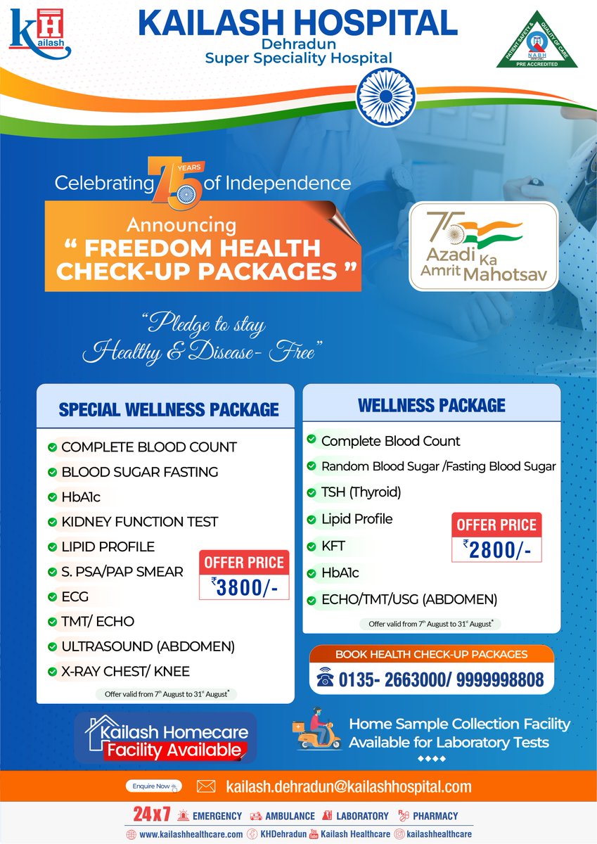 KailashHealth's tweet photo. Celebrating 75 years of Independence, Kailash Hospital Dehradun announces Exclusive 'FREEDOM HEALTH CHECKUP PACKAGES' just for you!
Let us pledge to get Freedom from health problems.
Call us: 0135- 2663000
Offers valid from 7th - 31st Aug 2022.
#HealthOffers #HealthCheckup https://t.co/1V2sZfWdvI