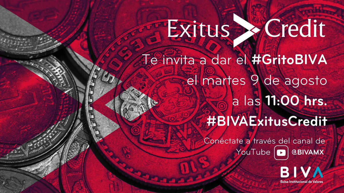 Los invitamos el próximo martes 9 de agosto al #GritoBIVA que dará Exitus Credit, para celebrar el listado de sus certificados bursátiles en <a href="/BIVAMX/">BIVA</a>. 

Conéctense a nuestra transmisión #EnVivo por #YouTube a las 11:00 hrs. y griten con nosotros ¡#BIVAExitusCredit!