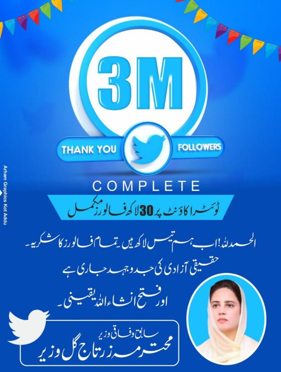 zartajgulwazir's tweet photo. الحمدللہ، اب ہم تیس لاکھ ہو چکے ہیں۔ تمام فالوورز کا شکریہ۔ حقیقی آزادی کی جدوجہد جاری ہے اور فتح انشاءاللہ یقینی۔

Alhamdolillah. Account has crossed the 3 million mark! Thank you, everyone. 

#3MillionFollowers https://t.co/p20EkxU0Zp