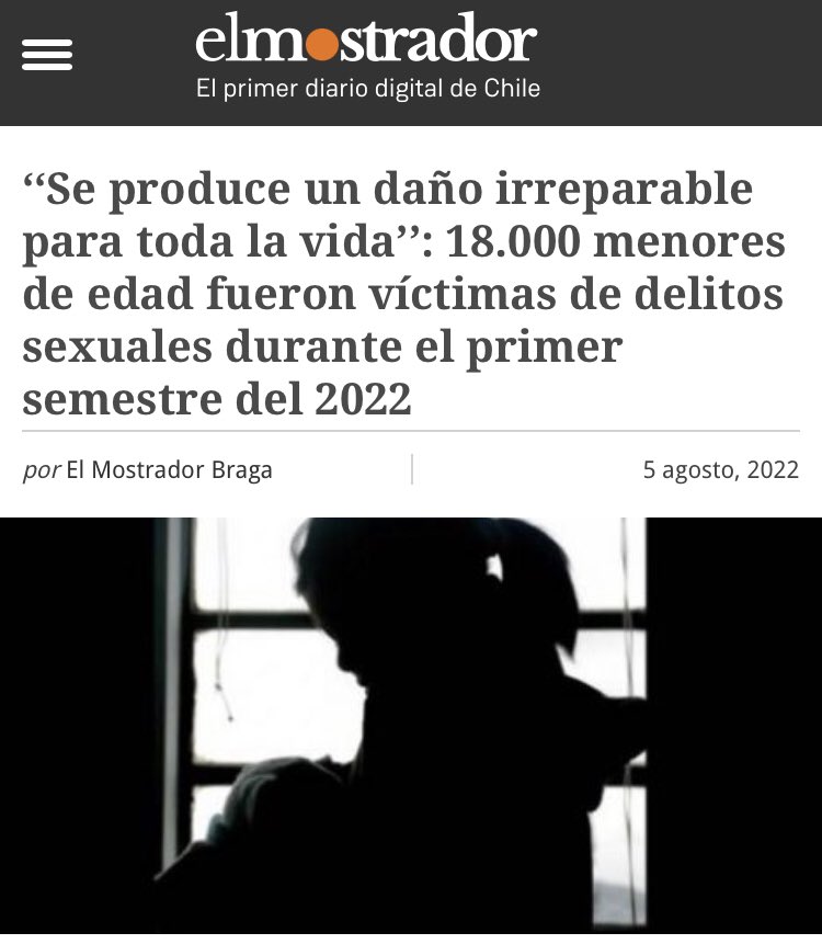 MaxQuitral's tweet photo. Esta noticia debería ser un escándalo total. 18 mil menores fueron víctimas de delitos sexuales durante primer semestre de 2022. 15 mil son niñas. Brutal. https://t.co/BV0X11EBSS