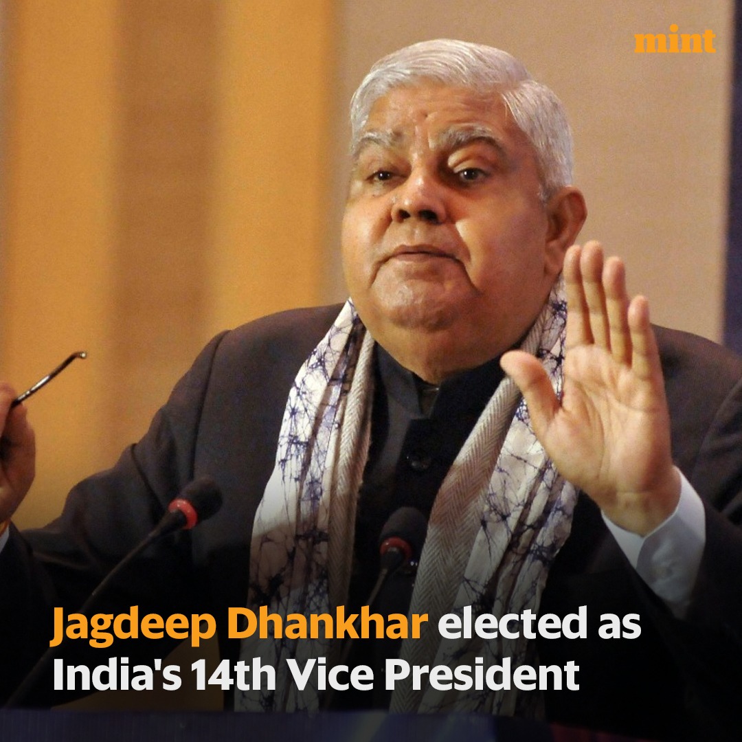 livemint's tweet photo. #VicePresidentialElections2022 

NDA candidate #JagdeepDhankar declared the Vice President of India

For LIVE updates: https://t.co/azl9BQPGca https://t.co/yV5McHNsIq