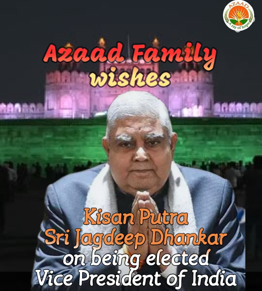 Azaadoffical's tweet photo. Best wishes to Kisan Putra Sri Jagdeep Dhankar on being elected Vice President of India
@jdhankhar1
#VicePresidentialElections2022
Jagdeep Dhankhar Vice President of India 
#vicepresident
#2022 https://t.co/ac8uPG6obe