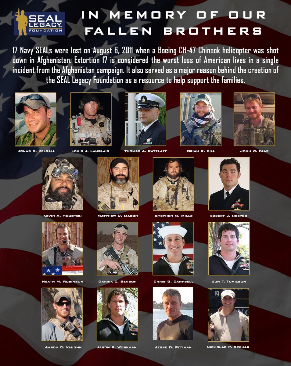 Today, we honor the service, memory and LEGACY of the men who gave the ultimate sacrifice during Extortion 17. On August 6, 2011, a CH-47 Chinook helicopter was shot down, killing all 38 people on board, including 17 Navy SEALs. #NoOneLeftBehind #NoOneForgotten