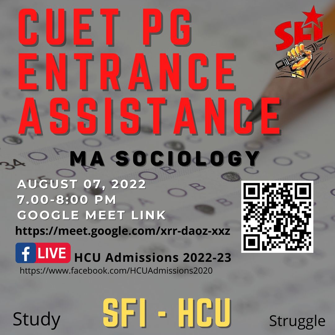 SfiHcu's tweet photo. Join us for the Entrance Assistance for CUET PG for MA Sociology. https://t.co/jCvVHuvEw1
