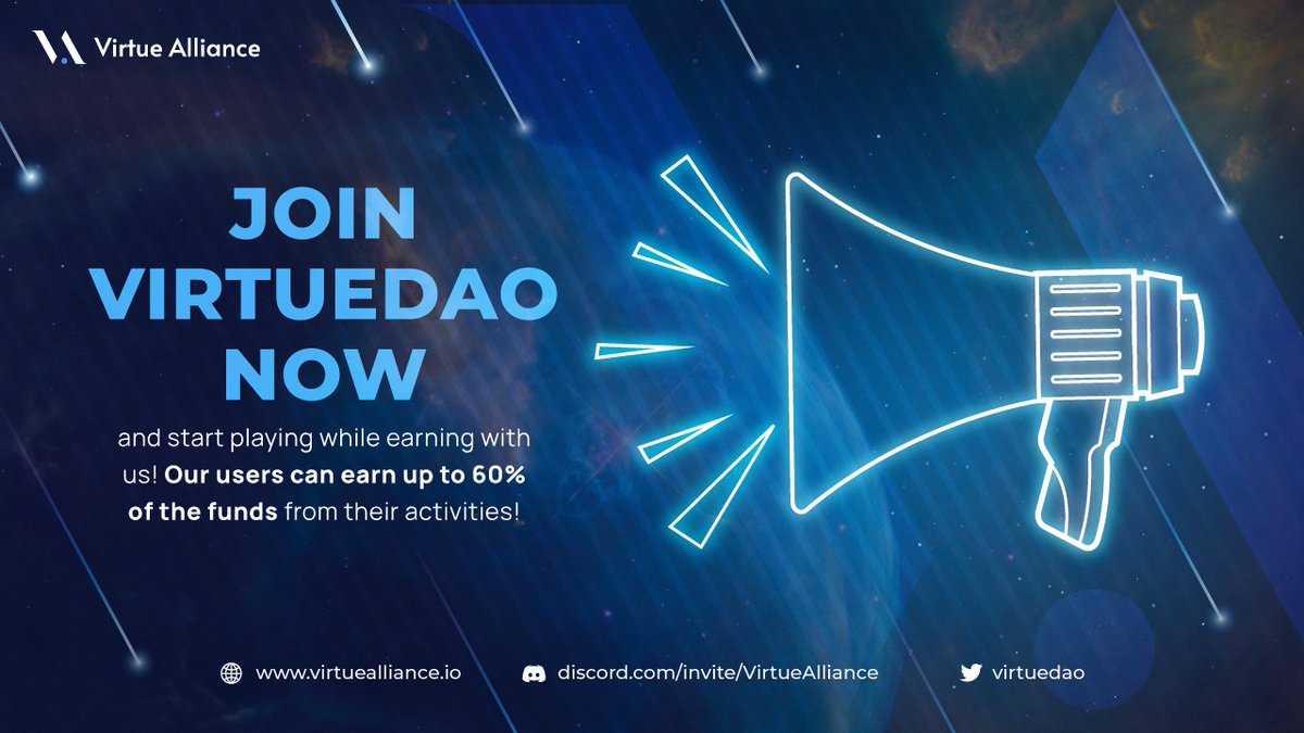Join #VirtueDAO now and start playing while earning with us! Our users can earn up to 60% of the funds💰💰 from their activities!!⁣ 🎉🙌🏼
⁣
 ♥️👈🏼Let's share our knowledge and strategy in the #gamingcommunity😉⁣

#Guild #P2EGame #Playtoearn #PLAYTOEARNGAMES