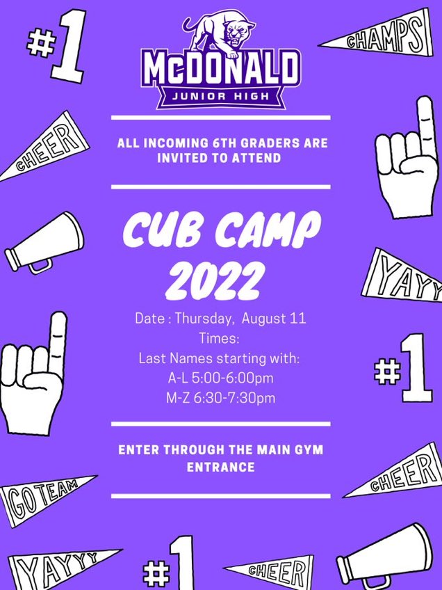 Parents and Students, I will be at Cub Camp. I will also be available to speak to anyone who would like to discuss your students medical needs, and you can drop off any medications your child may need during the school year. I look forward to meeting you!