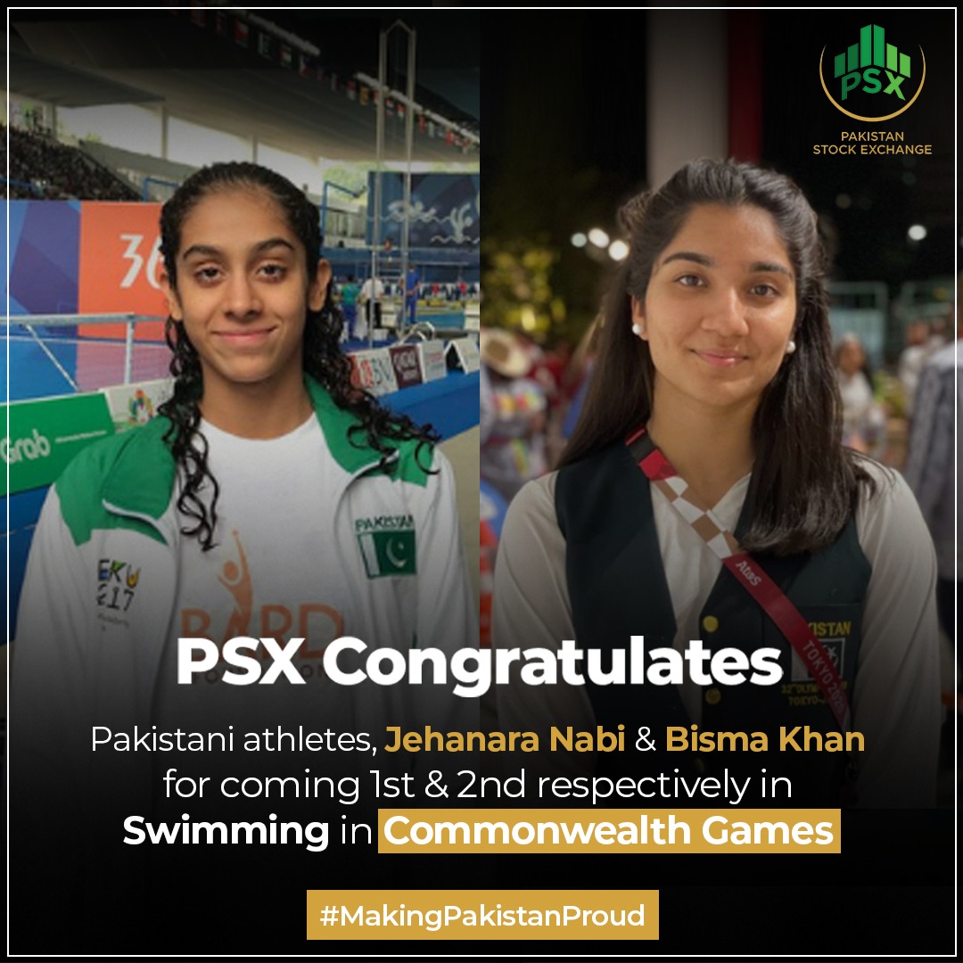 pakstockexgltd's tweet photo. Pakistan's Jehanara Nabi and Bisma Khan made the country proud by securing first and second positions respectively in the Swimming competition at Commonwealth Games in Birmingham.
#MakingPakistanProud #CommonwealthGames2022 #PSX https://t.co/akqOQXhkDW