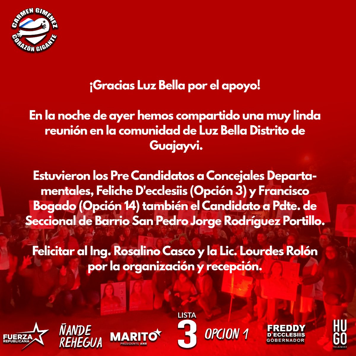 CarmenGimenezO's tweet photo. ¡Gracias Luz Bella!
#HugoPresidente
#MaritoANR
#FreddyGobernador
#CarmenDiputada
#ZunyBorjaMiembroTitularAnrNacional20
#CORAZÓNGIGANTE❤️ https://t.co/cd8dxEWLy5
