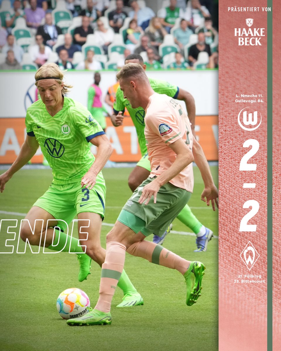 werderbremen's tweet photo. ⏰ 90+4. Minute

Abpfiff. Leider gelang es unseren Werderanern nicht die Führung über die Zeit zu bringen. Wir haben stark gefightet und nehmen einen Punkt aus Wolfsburg mit. 

#WOBSVW 2:2 | #Werder https://t.co/CTrRMCL6C5