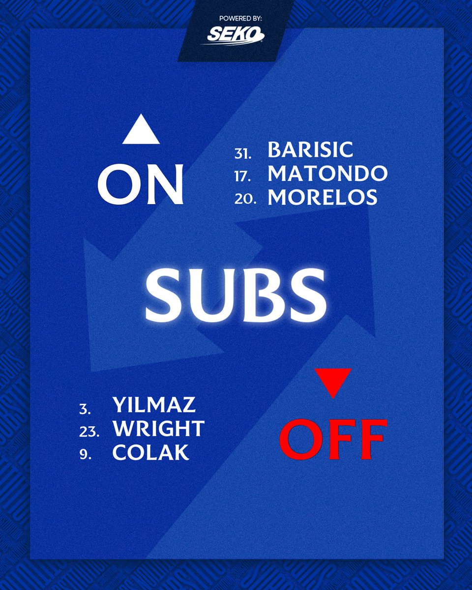 64' SUB: A triple change for Rangers. ➡️ ON: Barisic, Matondo & Morelos ⬅️ OFF: Yilmaz, Wright & Colak Rangers 1-0 Kilmarnock