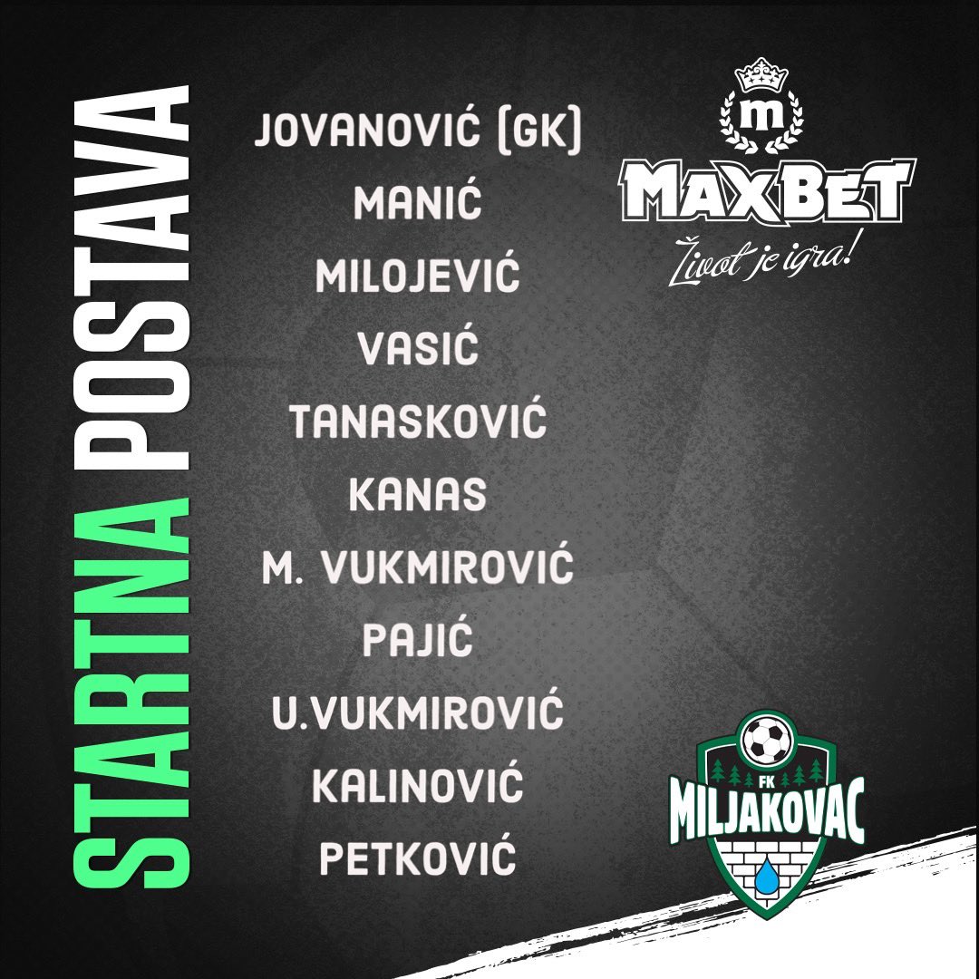 fkmiljakovac's tweet photo. Startna postava za meč za singapurskom ekipom #TurfCityFC 👏🏻
Meč počinje u 18h, NAPRED MKC! 💚🖤
#FKMKC https://t.co/LiDmCvwg6G